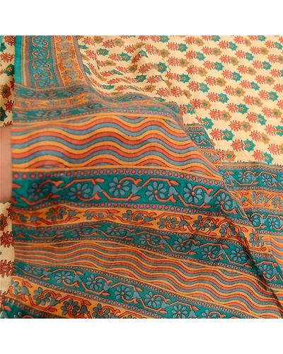 Sanskriti Vintage Sarees Beige 100% Pure Silk Printed Sari Floral Craft Fabric, PR-61567-Beige-Printed Floral Design-Pure Silk-5