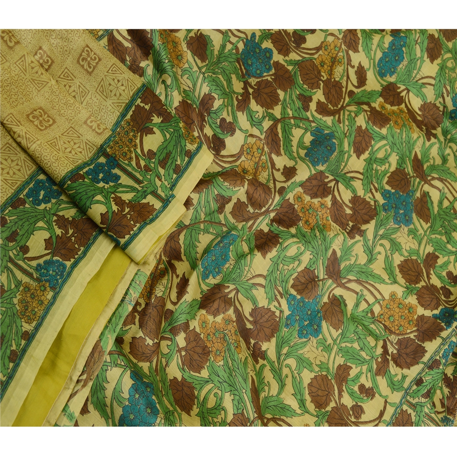 Sanskriti Vintage Sarees Green 100% Pure Silk Printed Sari Floral Craft Fabric, PR-61579-Green-Printed Floral Design-Pure Silk-1