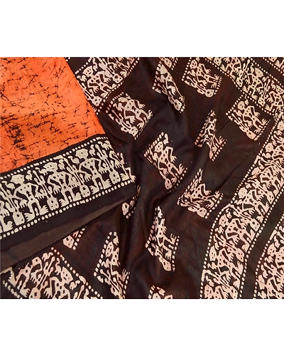 Sanskriti Vintage Sarees Saffron &amp; Brown Human Batik Print Pure Silk Sari Fabric, PR-61593-Saffron &amp; Brown-Pure Silk-2