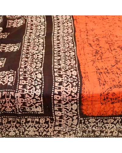Sanskriti Vintage Sarees Saffron &amp; Brown Human Batik Print Pure Silk Sari Fabric, PR-61593-Saffron &amp; Brown-Pure Silk-3