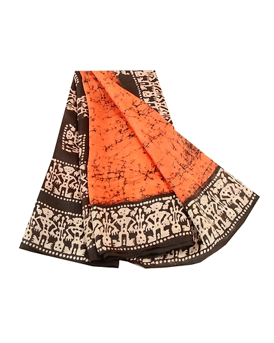 Sanskriti Vintage Sarees Saffron &amp; Brown Human Batik Print Pure Silk Sari Fabric, PR-61593-Saffron &amp; Brown-Pure Silk-6
