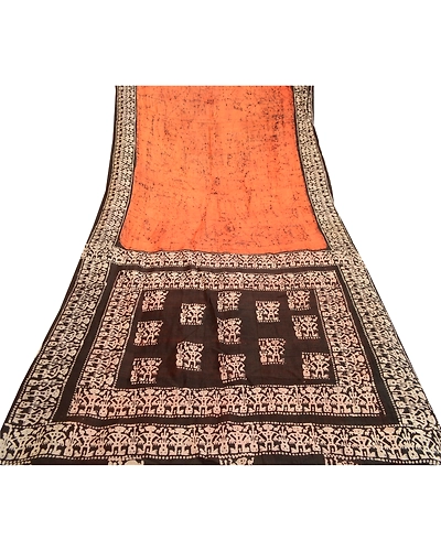 Sanskriti Vintage Sarees Saffron &amp; Brown Human Batik Print Pure Silk Sari Fabric, PR-61593-Saffron &amp; Brown-Pure Silk-7
