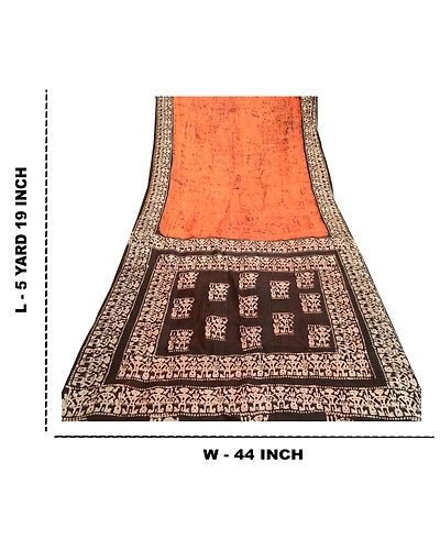 Sanskriti Vintage Sarees Saffron &amp; Brown Human Batik Print Pure Silk Sari Fabric, PR-61593-Saffron &amp; Brown-Pure Silk-8