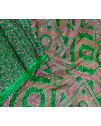 Sanskriti Vintage Sarees Indian Green Pure Silk Printed Sari 5Yd Craft Fabric, PR-61595-Green-Printed Floral Design-Pure Silk-1
