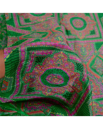 Sanskriti Vintage Sarees Indian Green Pure Silk Printed Sari 5Yd Craft Fabric, PR-61595-Green-Printed Floral Design-Pure Silk-5