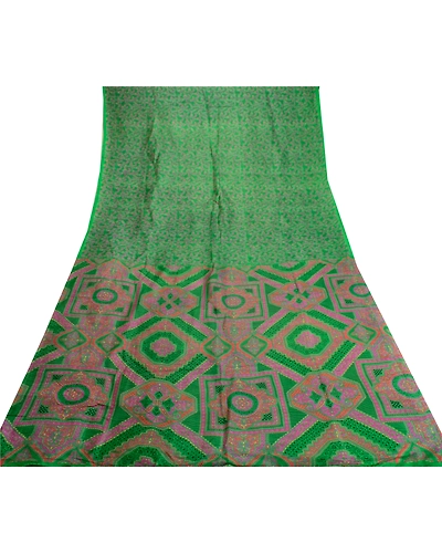 Sanskriti Vintage Sarees Indian Green Pure Silk Printed Sari 5Yd Craft Fabric, PR-61595-Green-Printed Floral Design-Pure Silk-7