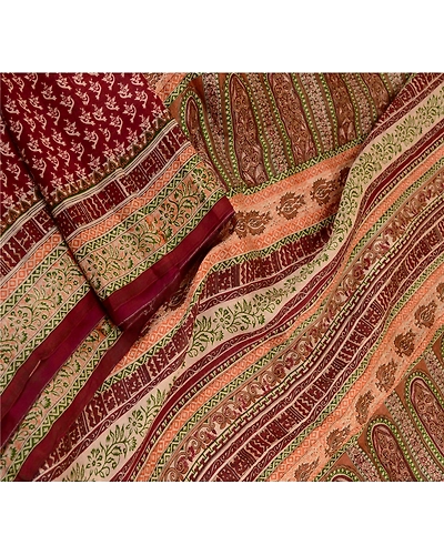 Sanskriti Vintage Sarees Indian Dark Red Pure Silk Printed Sari 5Yd Craft Fabric, PR-61598-Dark Red-Pure Silk-1