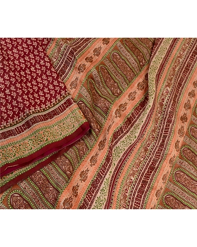 Sanskriti Vintage Sarees Indian Dark Red Pure Silk Printed Sari 5Yd Craft Fabric, PR-61598-Dark Red-Pure Silk-2