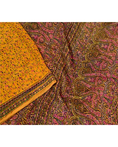 Sanskriti Vintage Sarees Yellow Pure Silk Printed Sari 5Yd Floral Craft Fabric, PR-61604-Yellow-Pure Silk-2