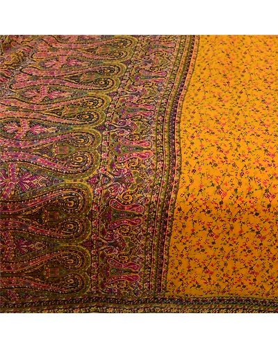 Sanskriti Vintage Sarees Yellow Pure Silk Printed Sari 5Yd Floral Craft Fabric, PR-61604-Yellow-Pure Silk-3