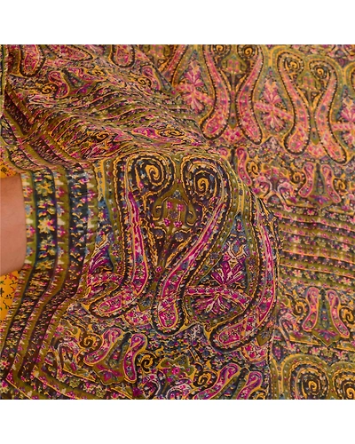 Sanskriti Vintage Sarees Yellow Pure Silk Printed Sari 5Yd Floral Craft Fabric, PR-61604-Yellow-Pure Silk-5