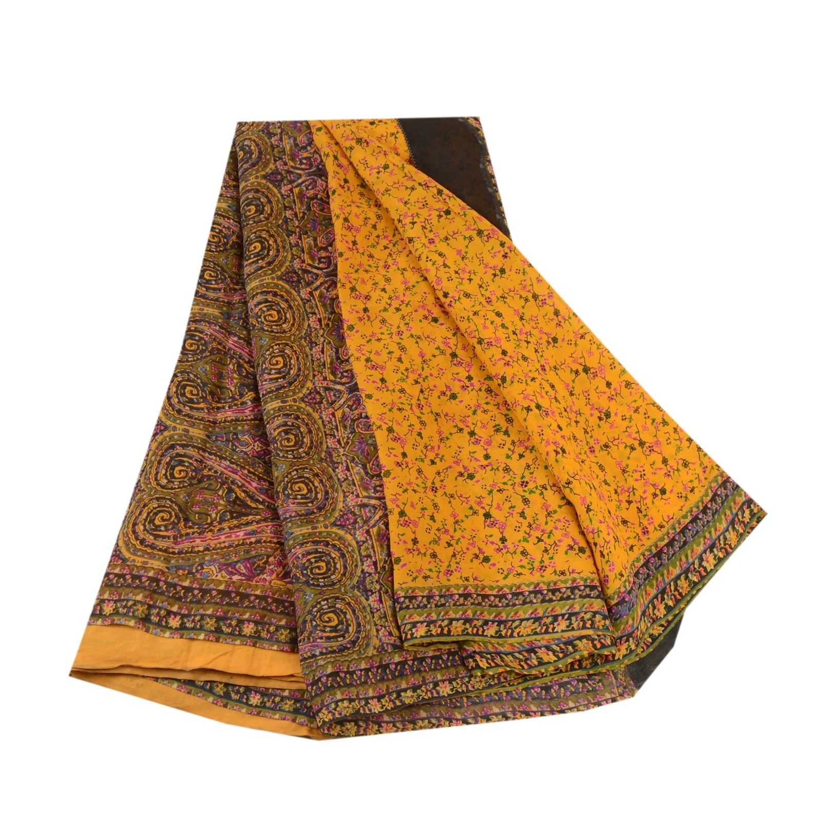 Sanskriti Vintage Sarees Yellow Pure Silk Printed Sari 5Yd Floral Craft Fabric, PR-61604-Yellow-Pure Silk-6