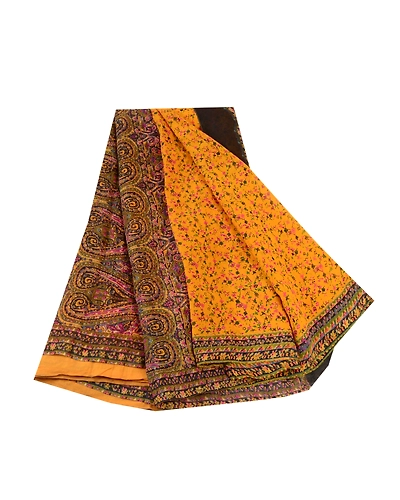 Sanskriti Vintage Sarees Yellow Pure Silk Printed Sari 5Yd Floral Craft Fabric, PR-61604-Yellow-Pure Silk-6
