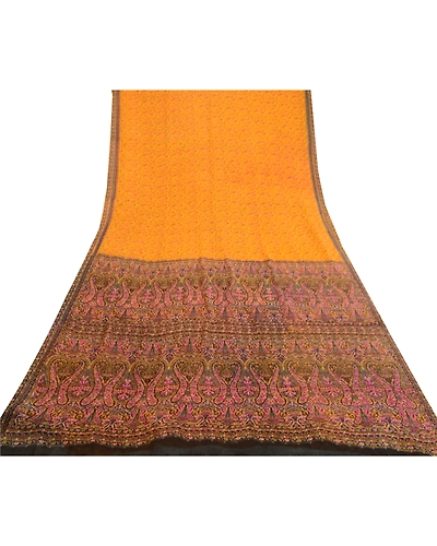 Sanskriti Vintage Sarees Yellow Pure Silk Printed Sari 5Yd Floral Craft Fabric, PR-61604-Yellow-Pure Silk-7