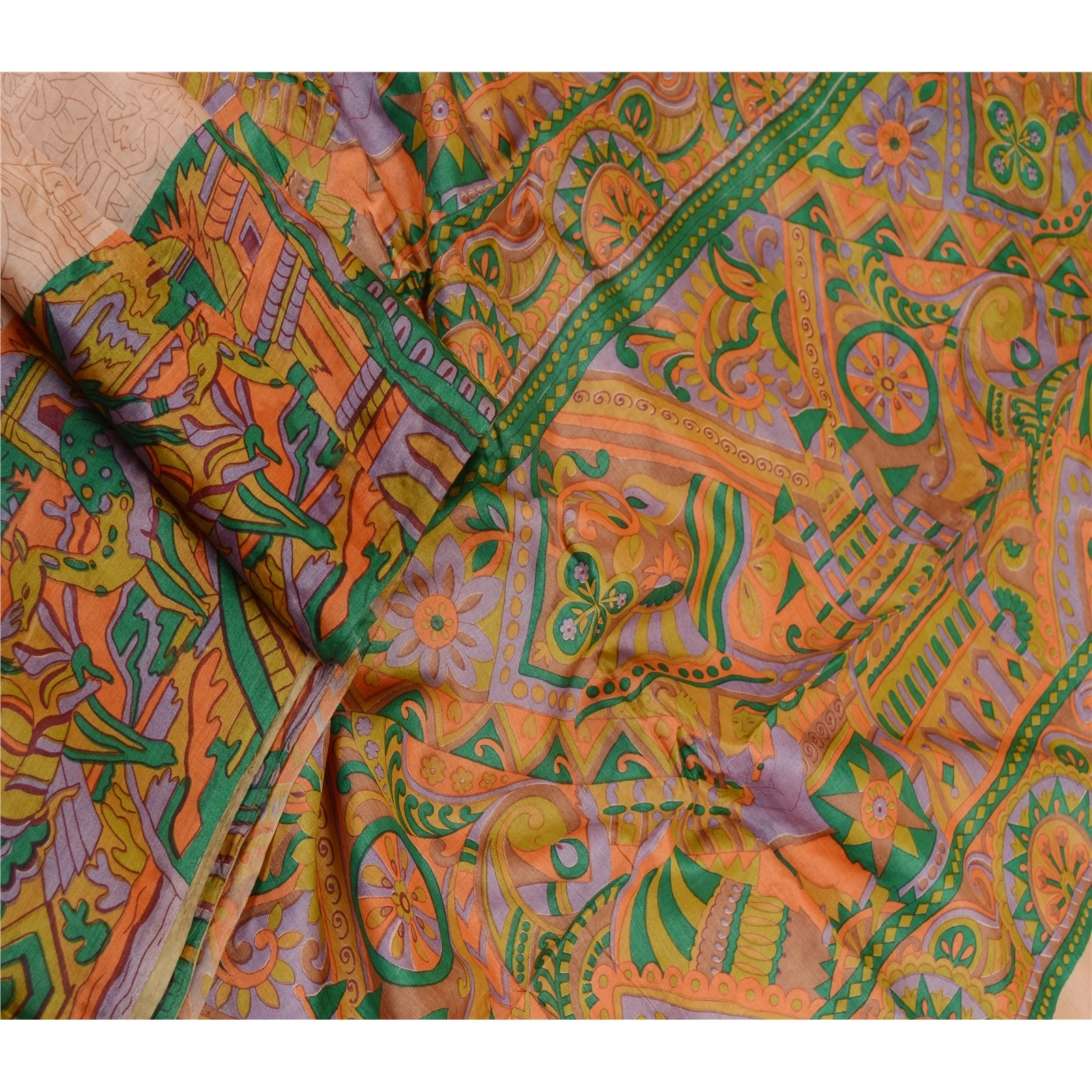 Sanskriti Vintage Sarees Peach Human Printed 100% Pure Silk Sari Craft Fabric, PR-61606-Peach-Pure Silk-1