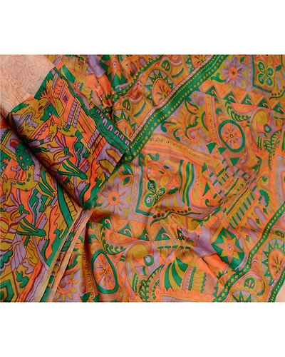 Sanskriti Vintage Sarees Peach Human Printed 100% Pure Silk Sari Craft Fabric, PR-61606-Peach-Pure Silk-1