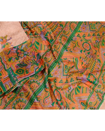 Sanskriti Vintage Sarees Peach Human Printed 100% Pure Silk Sari Craft Fabric, PR-61606-Peach-Pure Silk-2