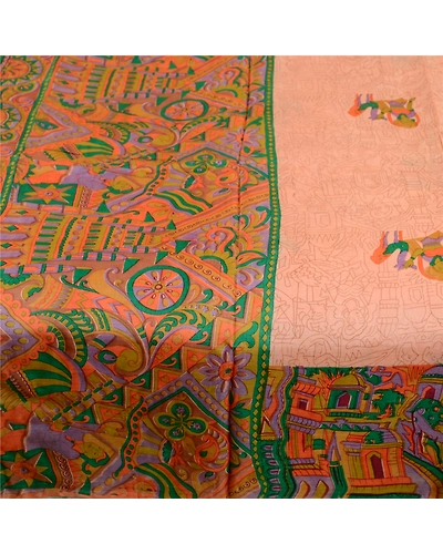 Sanskriti Vintage Sarees Peach Human Printed 100% Pure Silk Sari Craft Fabric, PR-61606-Peach-Pure Silk-3