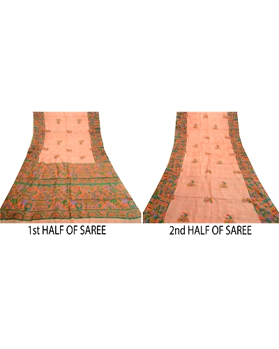 Sanskriti Vintage Sarees Peach Human Printed 100% Pure Silk Sari Craft Fabric, PR-61606-Peach-Pure Silk-4