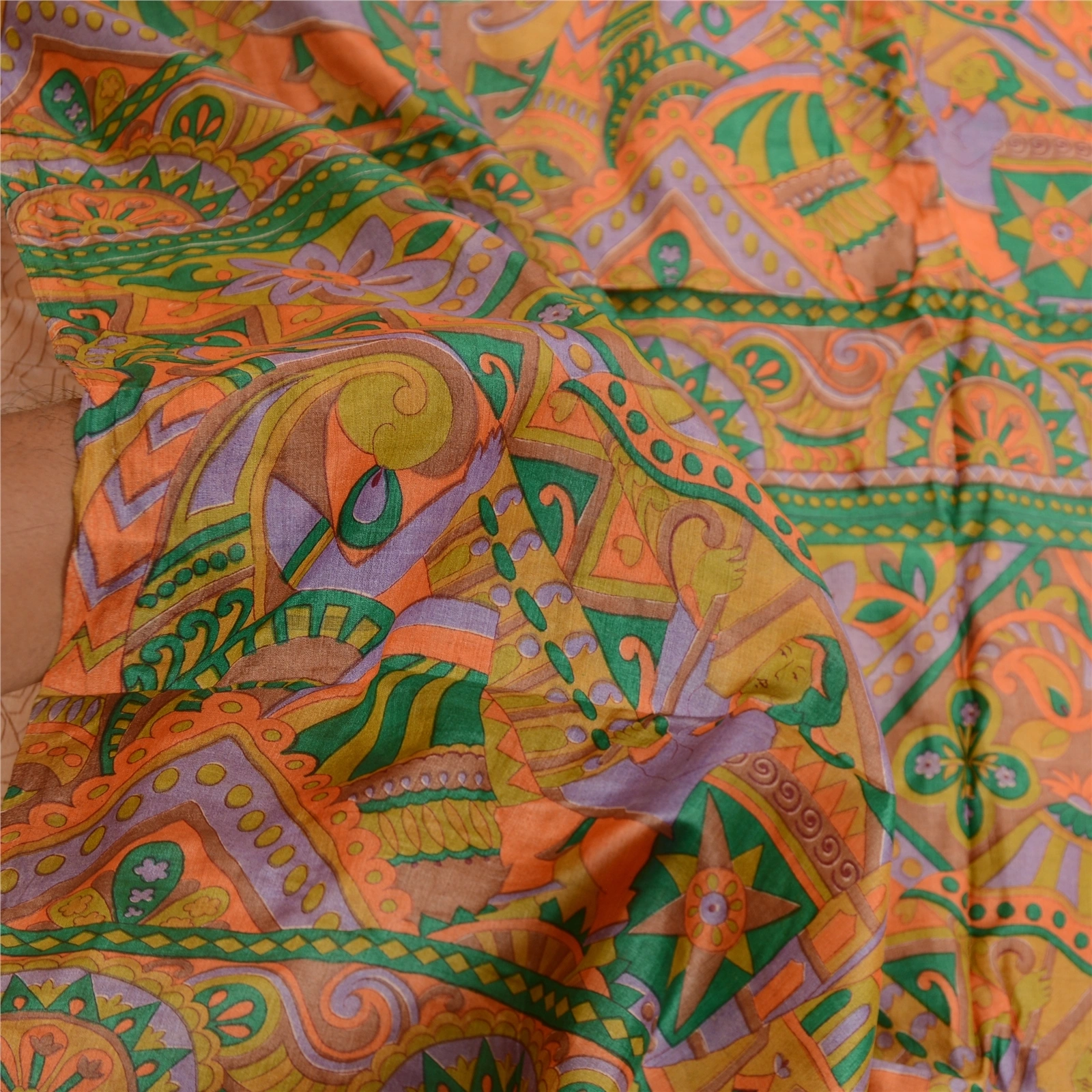 Sanskriti Vintage Sarees Peach Human Printed 100% Pure Silk Sari Craft Fabric, PR-61606-Peach-Pure Silk-5