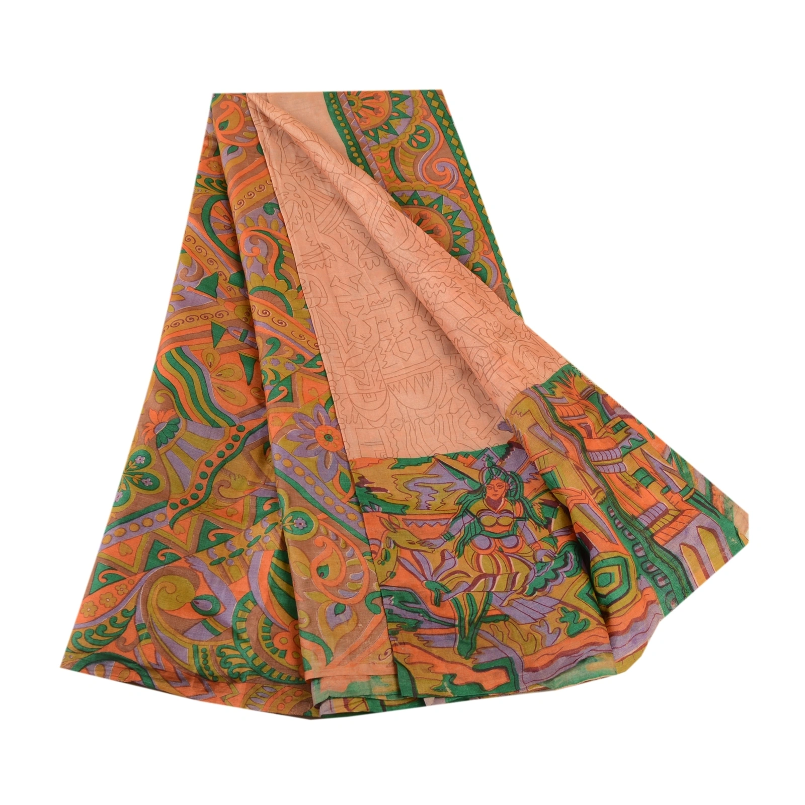 Sanskriti Vintage Sarees Peach Human Printed 100% Pure Silk Sari Craft Fabric, PR-61606-Peach-Pure Silk-6