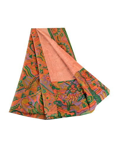 Sanskriti Vintage Sarees Peach Human Printed 100% Pure Silk Sari Craft Fabric, PR-61606-Peach-Pure Silk-6