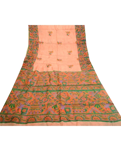 Sanskriti Vintage Sarees Peach Human Printed 100% Pure Silk Sari Craft Fabric, PR-61606-Peach-Pure Silk-7