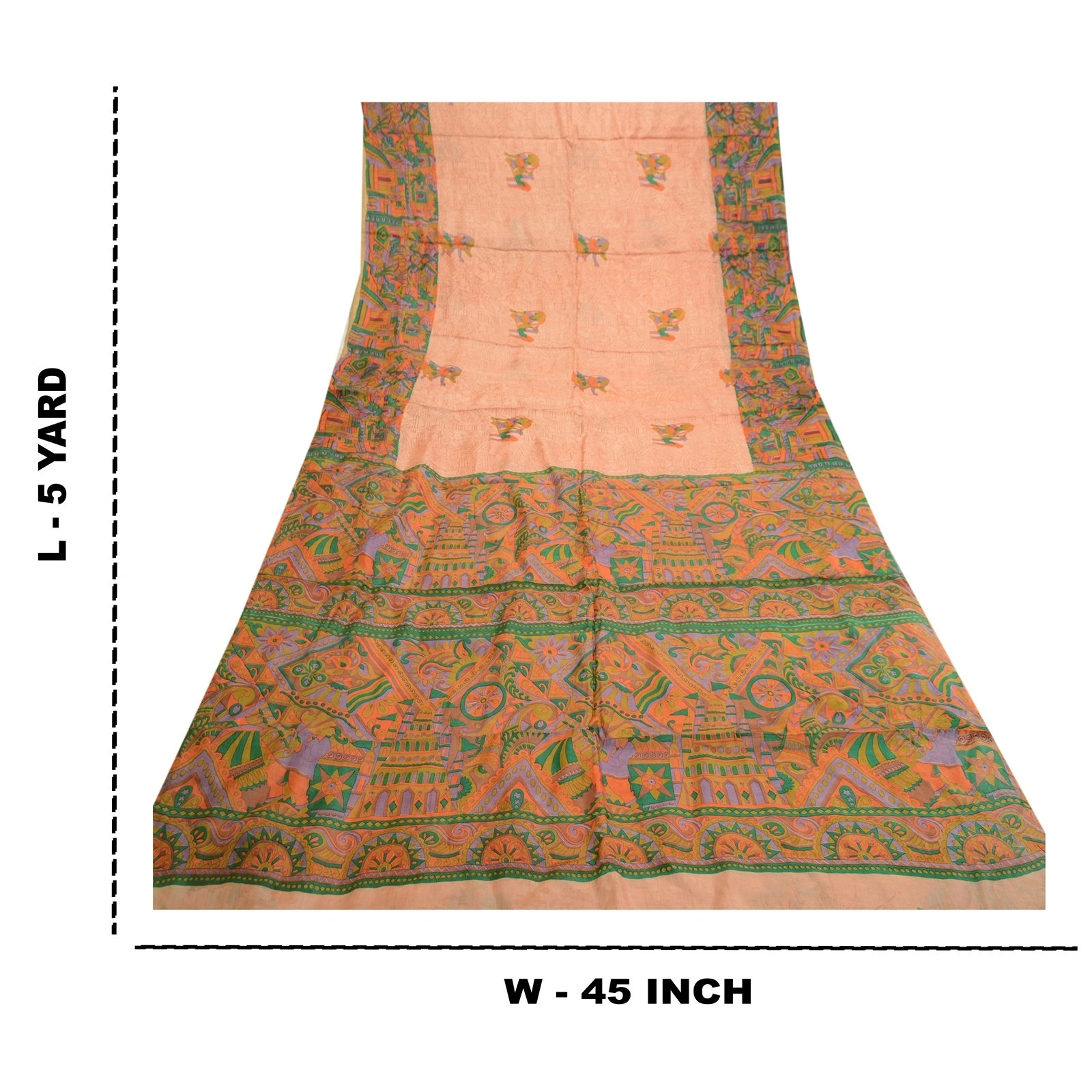 Sanskriti Vintage Sarees Peach Human Printed 100% Pure Silk Sari Craft Fabric, PR-61606-Peach-Pure Silk-8