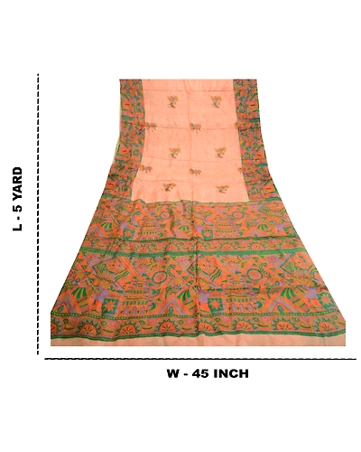 Sanskriti Vintage Sarees Peach Human Printed 100% Pure Silk Sari Craft Fabric, PR-61606-Peach-Pure Silk-8