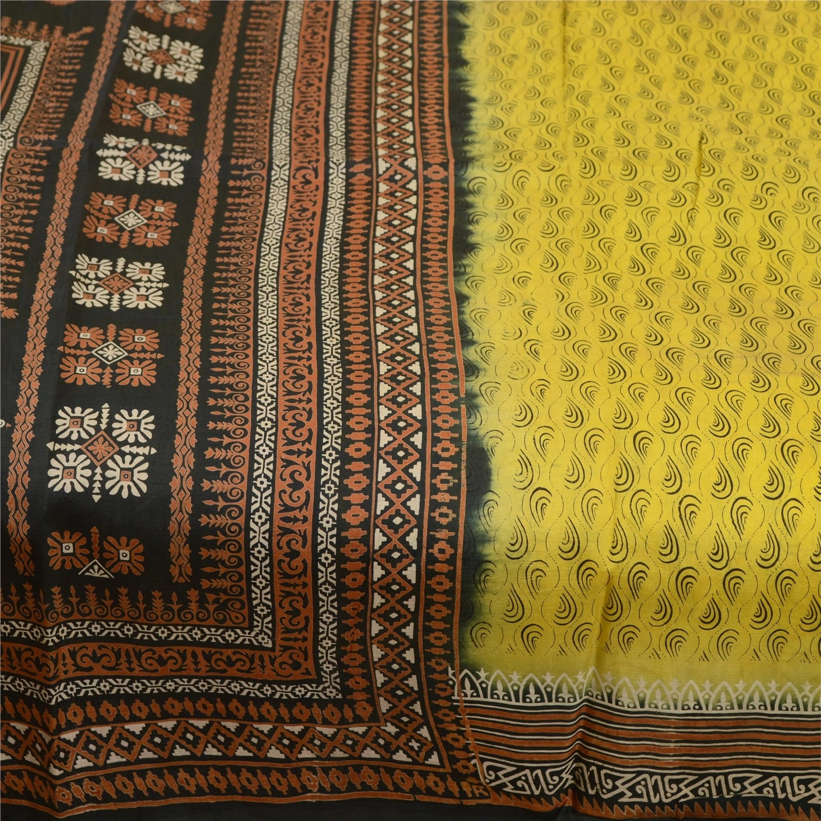 Sanskriti Vintage Sarees From Indian Yellow Printed Pure Silk Sari Craft Fabric, PR-61610-Yellow-Printed Floral Design-Pure Silk-4