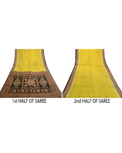 Sanskriti Vintage Sarees From Indian Yellow Printed Pure Silk Sari Craft Fabric, PR-61610-Yellow-Printed Floral Design-Pure Silk-5