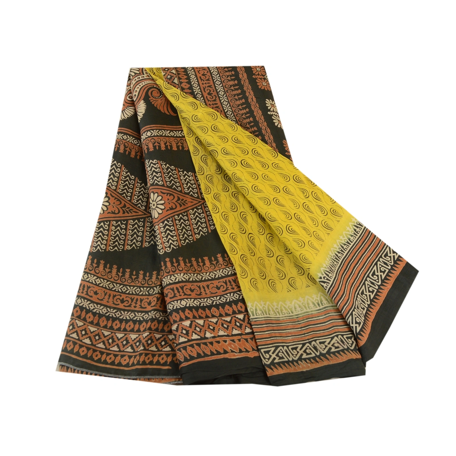 Sanskriti Vintage Sarees From Indian Yellow Printed Pure Silk Sari Craft Fabric, PR-61610-Yellow-Printed Floral Design-Pure Silk-7