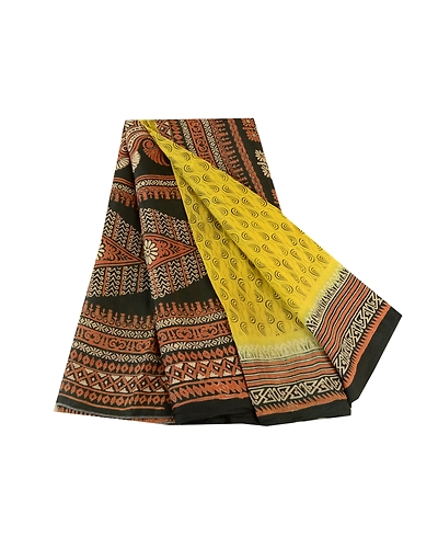Sanskriti Vintage Sarees From Indian Yellow Printed Pure Silk Sari Craft Fabric, PR-61610-Yellow-Printed Floral Design-Pure Silk-7