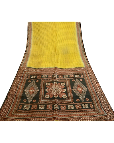 Sanskriti Vintage Sarees From Indian Yellow Printed Pure Silk Sari Craft Fabric, PR-61610-Yellow-Printed Floral Design-Pure Silk-8
