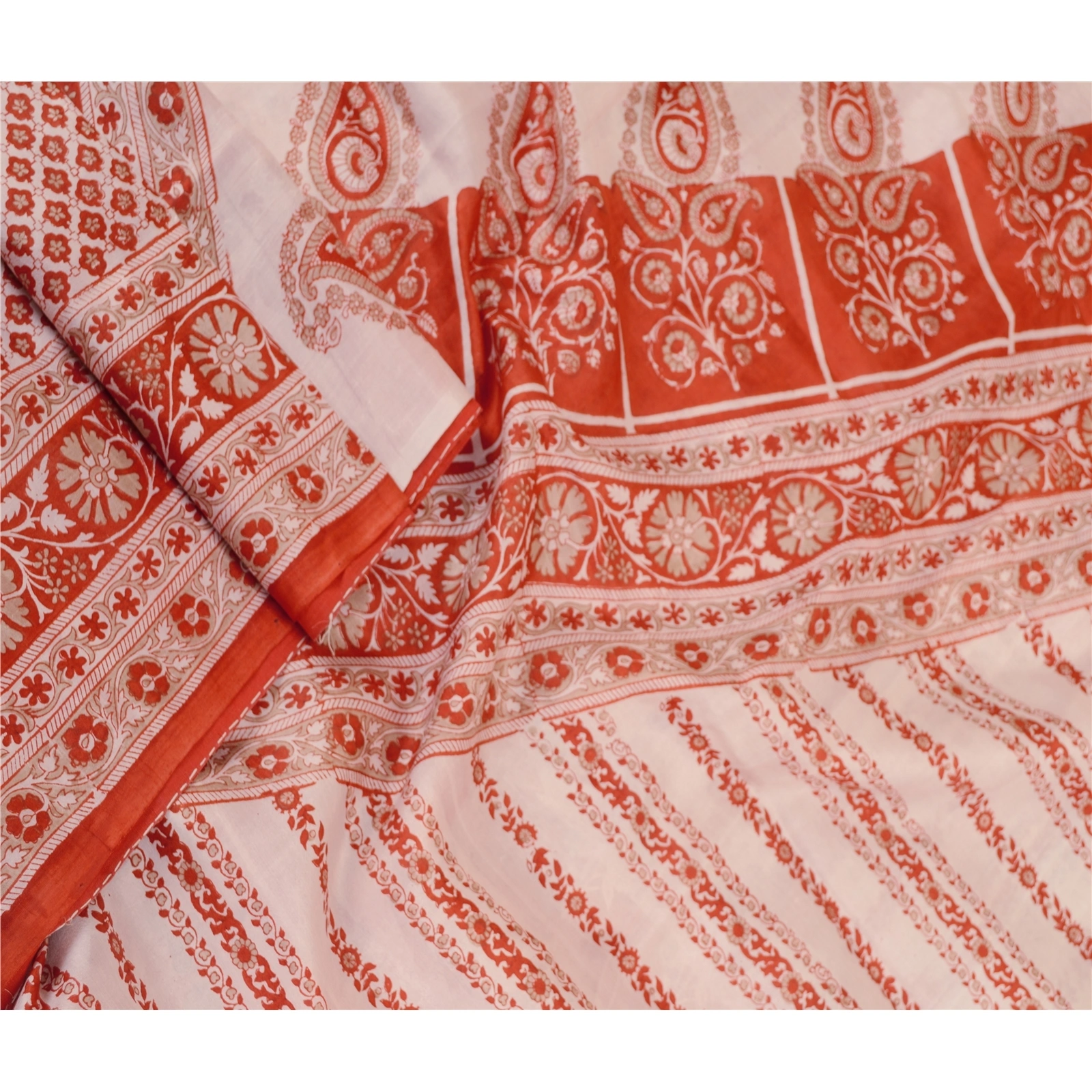 Sanskriti Vintage Sarees Red Indian Printed Pure Silk Sari Floral Craft Fabric, PR-61613-Red-Pure Silk-1