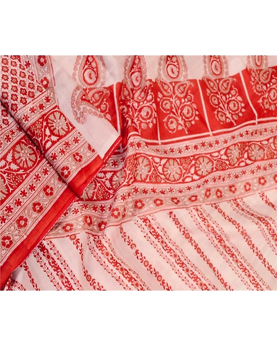 Sanskriti Vintage Sarees Red Indian Printed Pure Silk Sari Floral Craft Fabric, PR-61613-Red-Pure Silk-1