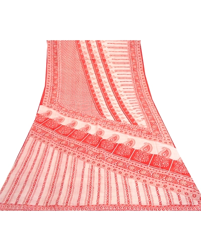 Sanskriti Vintage Sarees Red Indian Printed Pure Silk Sari Floral Craft Fabric, PR-61613-Red-Pure Silk-7