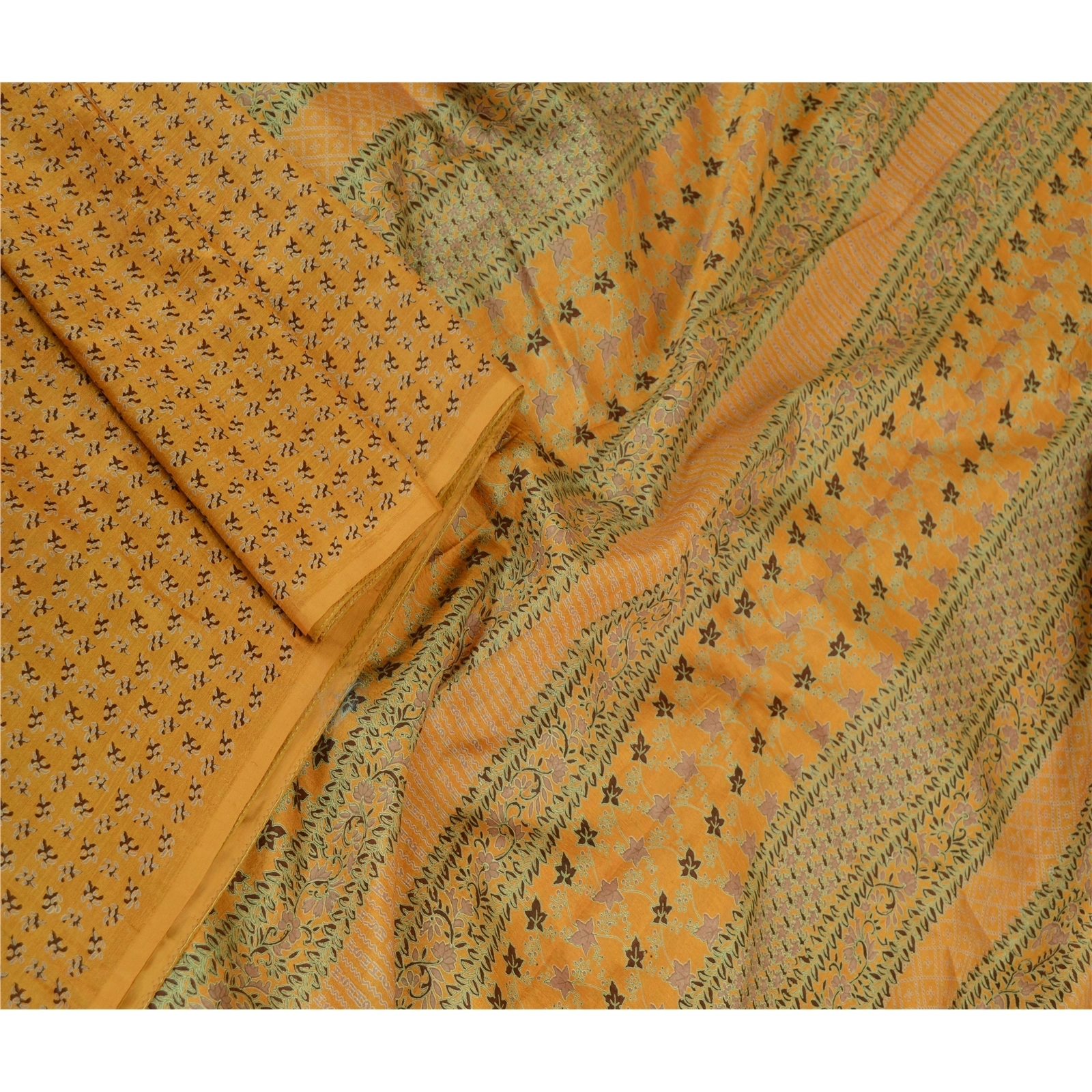 Sanskriti Vintage Sarees Mustard Pure Silk Printed Sari Floral Soft Craft Fabric, PR-61624-Mustard-Pure Silk-1