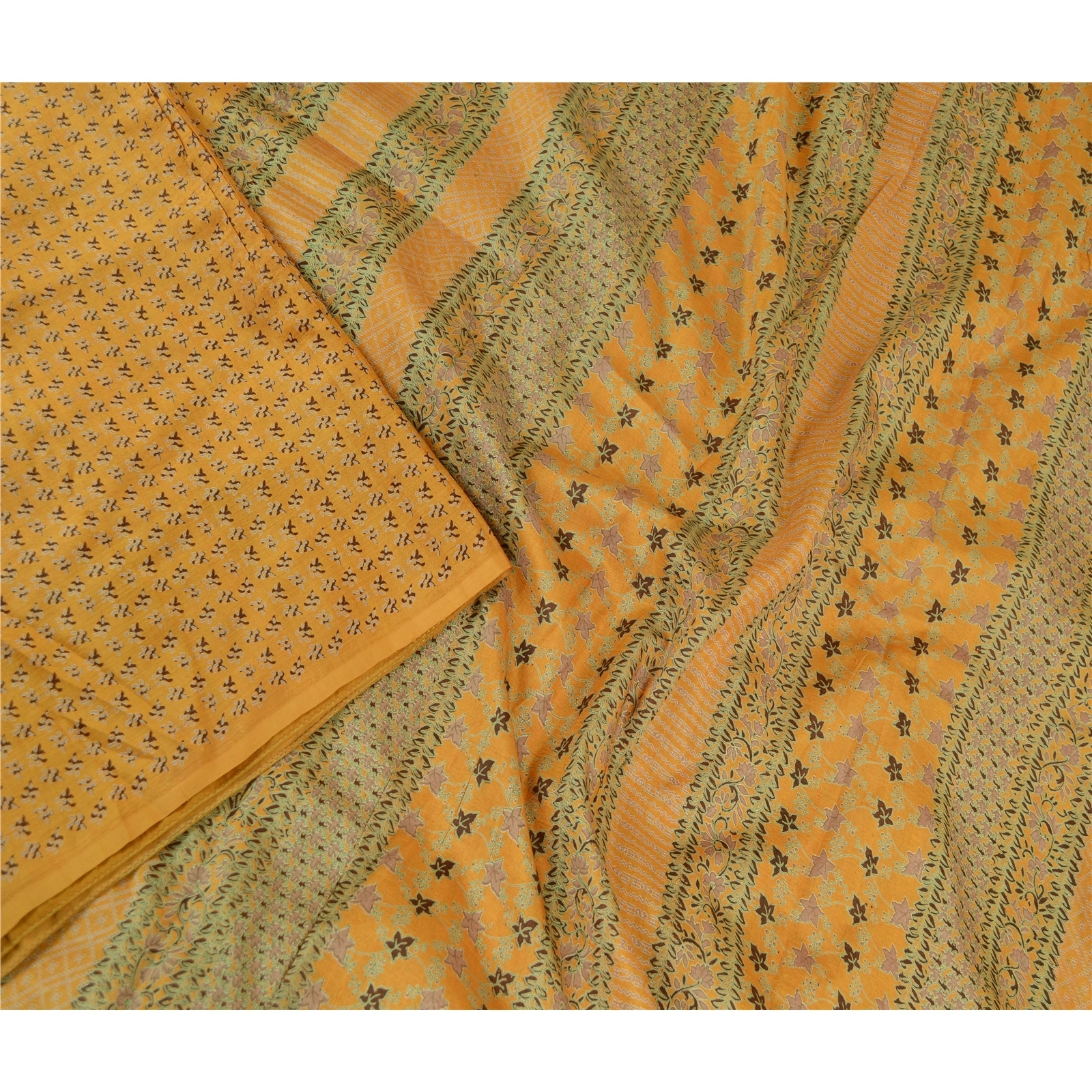 Sanskriti Vintage Sarees Mustard Pure Silk Printed Sari Floral Soft Craft Fabric, PR-61624-Mustard-Pure Silk-2