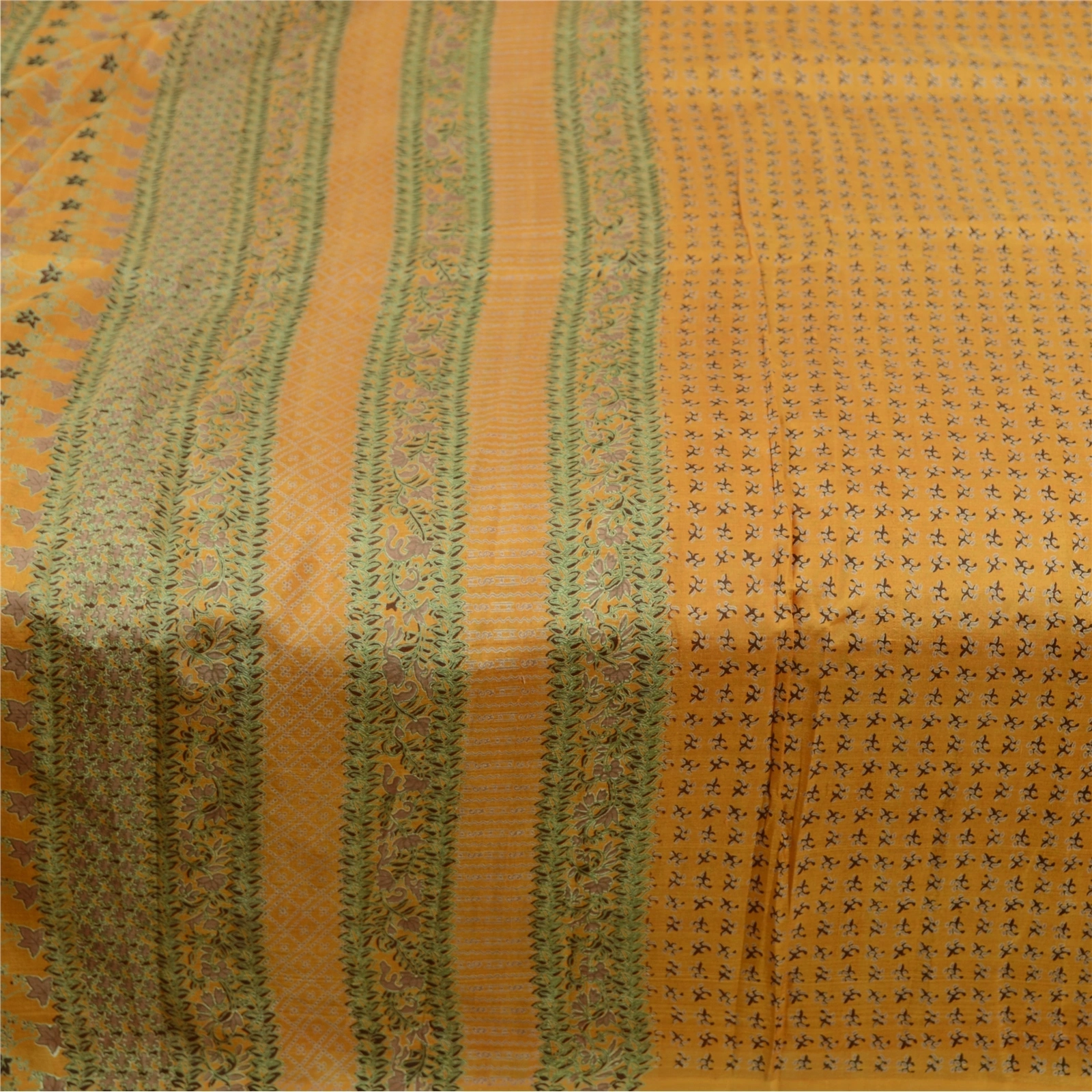 Sanskriti Vintage Sarees Mustard Pure Silk Printed Sari Floral Soft Craft Fabric, PR-61624-Mustard-Pure Silk-3