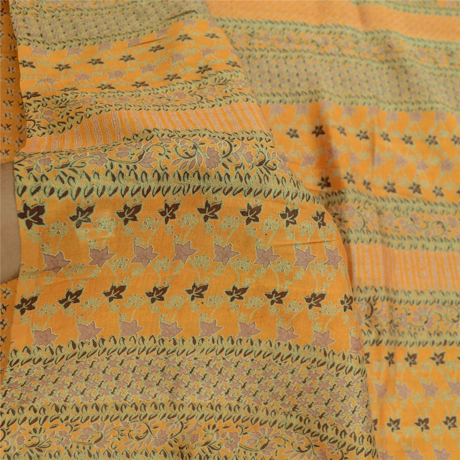 Sanskriti Vintage Sarees Mustard Pure Silk Printed Sari Floral Soft Craft Fabric, PR-61624-Mustard-Pure Silk-5