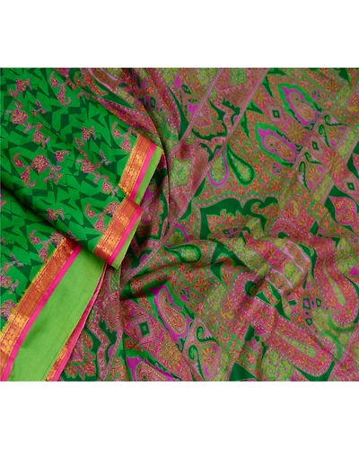 Sanskriti Vintage Sarees Green Pure Silk Printed Zari Border Sari Craft Fabric, PR-61626-Green-Pure Silk-1