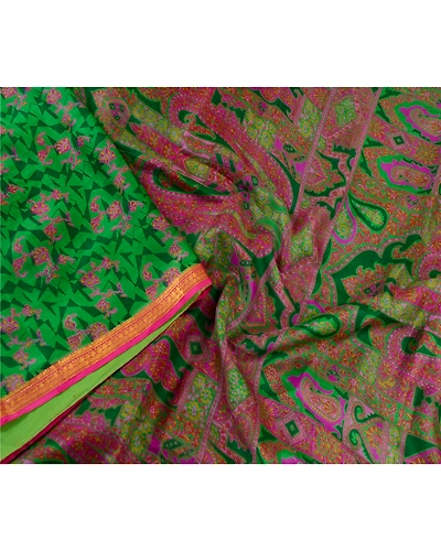 Sanskriti Vintage Sarees Green Pure Silk Printed Zari Border Sari Craft Fabric, PR-61626-Green-Pure Silk-2