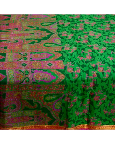 Sanskriti Vintage Sarees Green Pure Silk Printed Zari Border Sari Craft Fabric, PR-61626-Green-Pure Silk-3