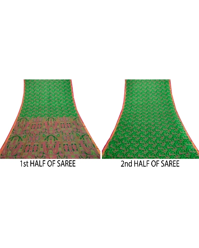 Sanskriti Vintage Sarees Green Pure Silk Printed Zari Border Sari Craft Fabric, PR-61626-Green-Pure Silk-4