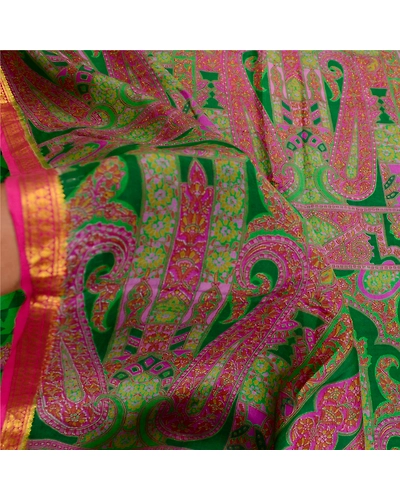 Sanskriti Vintage Sarees Green Pure Silk Printed Zari Border Sari Craft Fabric, PR-61626-Green-Pure Silk-5