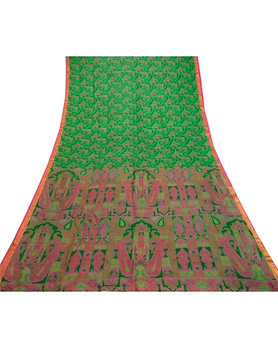 Sanskriti Vintage Sarees Green Pure Silk Printed Zari Border Sari Craft Fabric, PR-61626-Green-Pure Silk-7