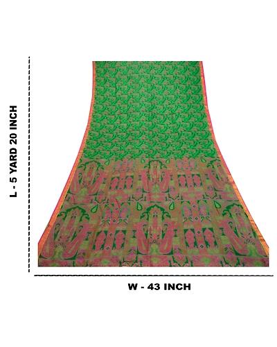 Sanskriti Vintage Sarees Green Pure Silk Printed Zari Border Sari Craft Fabric, PR-61626-Green-Pure Silk-8