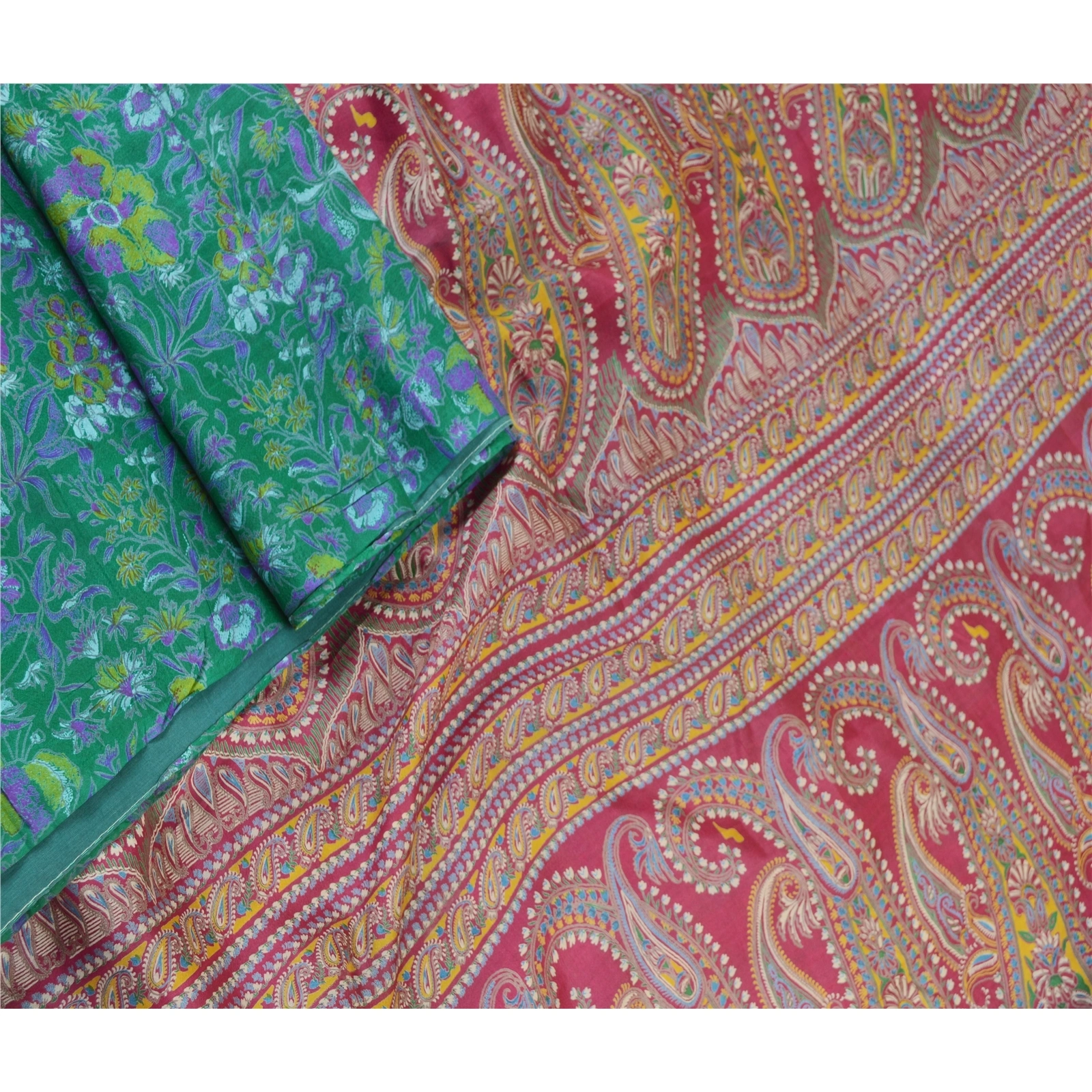 Sanskriti Vintage Sarees From India Green Pure Silk Printed Sari Craft Fabric, PR-61641-Green-Pure Silk-1