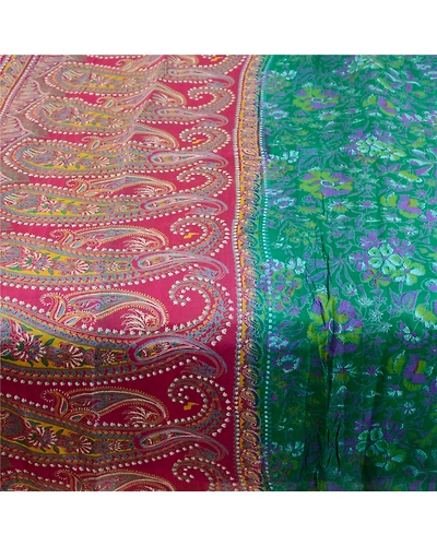 Sanskriti Vintage Sarees From India Green Pure Silk Printed Sari Craft Fabric, PR-61641-Green-Pure Silk-3